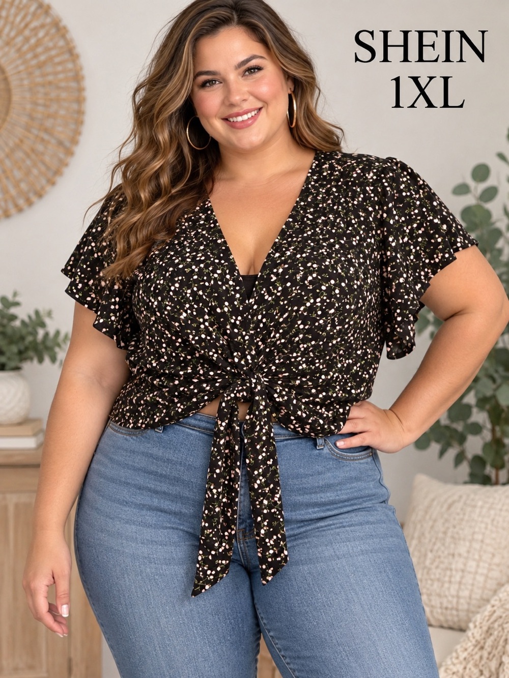 SHEIN Curve 1XL Black Floral Tie Front Crop Blouse Flutter Sleeve